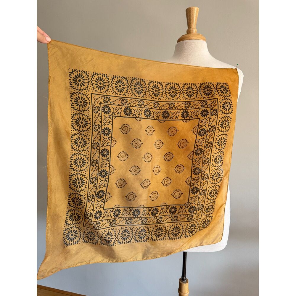 Vintage Mustard Yellow Block Print Floral Silk Scarf Bandana